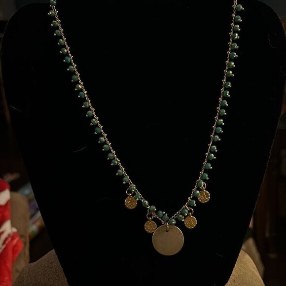 Vintage Jewelry - GOLD-TONE‎ ADJUSTABLE TURQUOISE COLOR BEADED NECKLACE WITH GOLD DISCS.